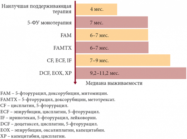 Рак желудка. Динамика выживаемости больных при различных режимах химиотерапии