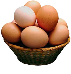 Eggs, particularly the yolks are high cholesterol foods: Eggs in a woven basket.