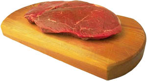Read meat like a beef steak are examples of high cholesterol foods: Red raw steak on wood board.